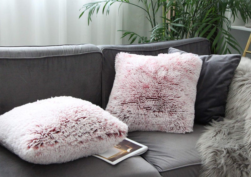 Uhomy 2 Packs Fluffy Accent Pillows Cover 18"x18", Soft Burgundy Ombre Faux Fur Throw Pillow Case, Modern Luxury Decorative Square Cushion Cover for Farmhouse Home Decor for Sofa/Bed/Chair, 45x45cm - Image 4
